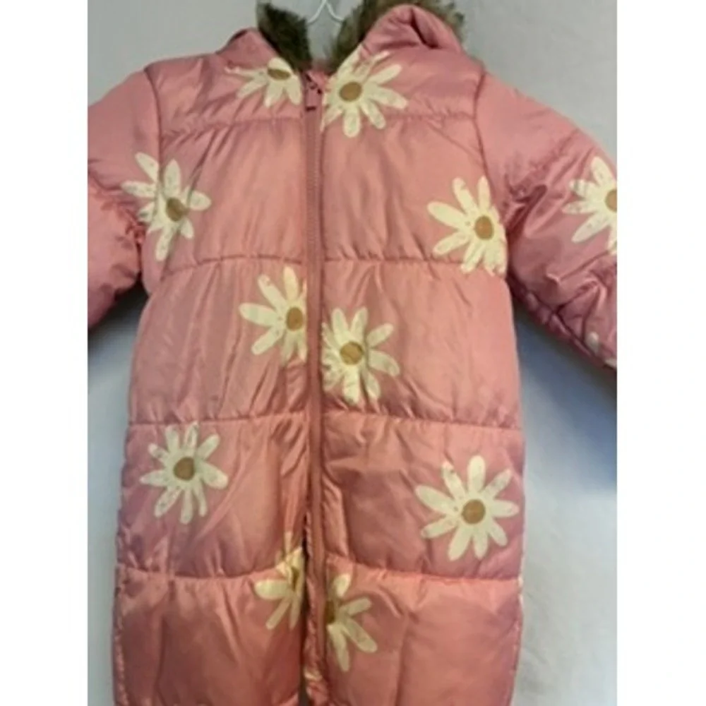 Carters Pink Daisy Floral Puffer Snowsuit Faux Fur Hood 18M Pink White Winter